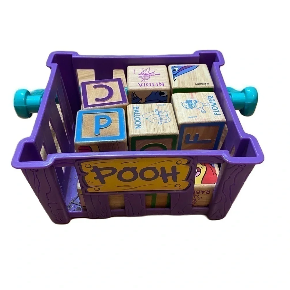 Vintage Winnie the Pooh Wooden Block Puzzle Alphabet Set W/ Handle Basket Disney